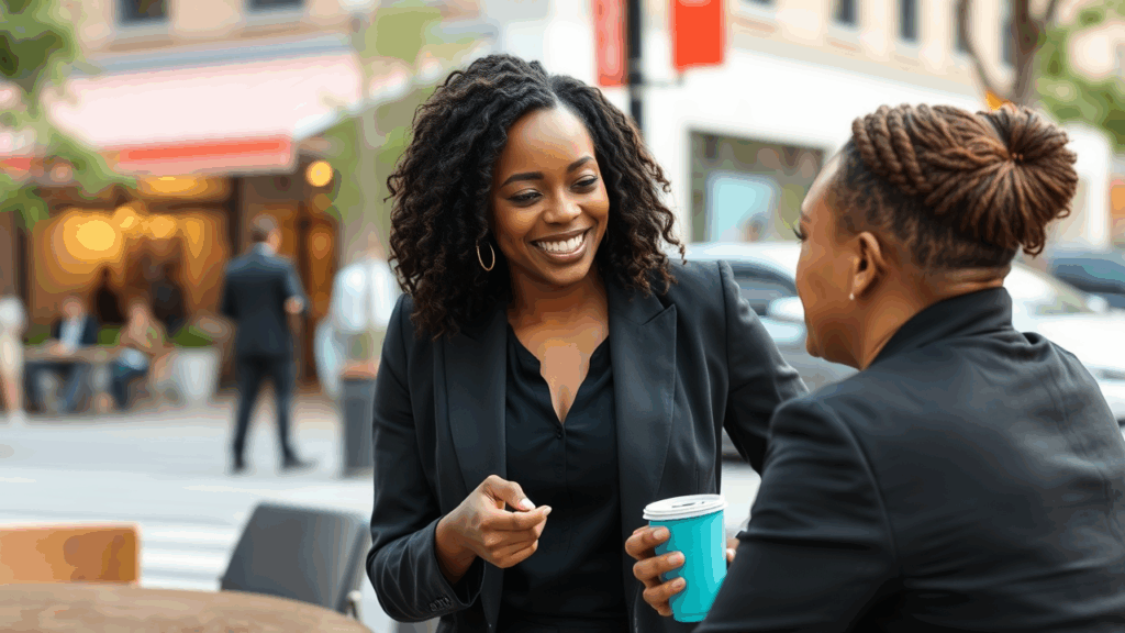 A black minority salesperson making a sales call. Sitting with a client.